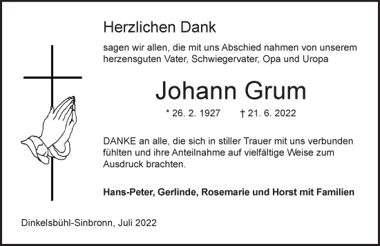 Traueranzeige von Johann Grum von Dinkelsbühl/ Feuchtwangen