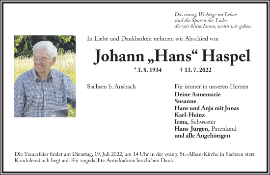 Traueranzeige von Johann Haspel von Ansbach