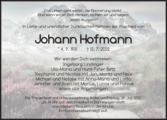 Traueranzeige von Johann Hofmann von Dinkelsbühl/ Feuchtwangen