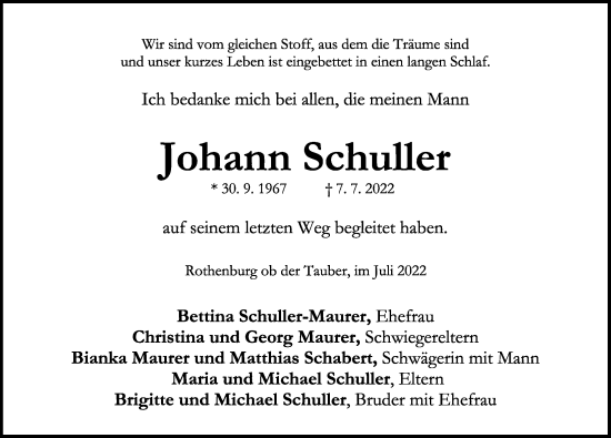 Traueranzeige von Johann Schuller von GE