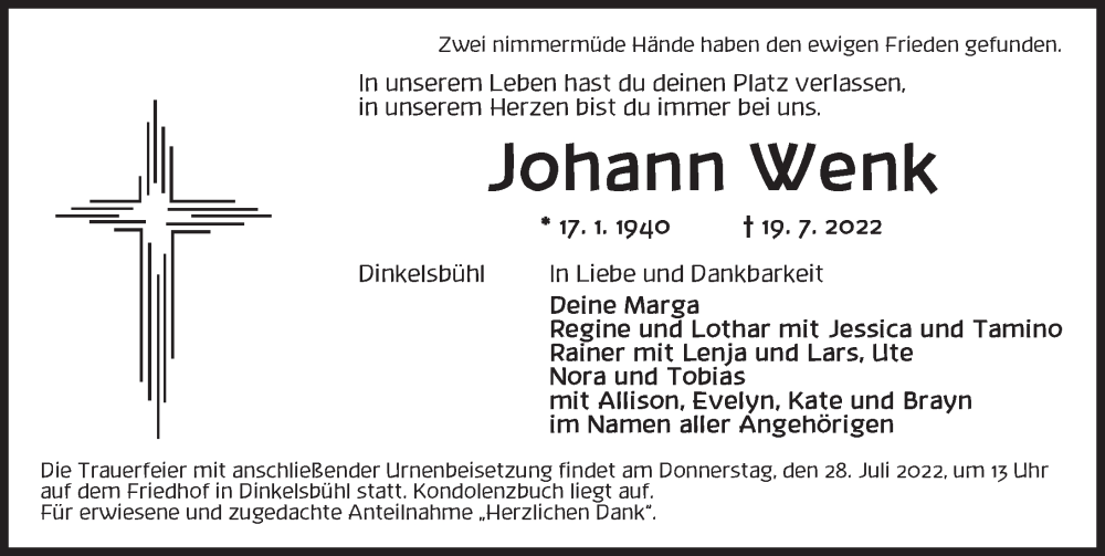  Traueranzeige für Johann Wenk vom 26.07.2022 aus Dinkelsbühl/ Feuchtwangen