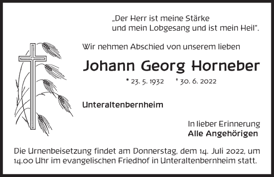 Traueranzeige von Johann Georg Horneber von Neustadt/ Scheinfeld/ Uffenheim