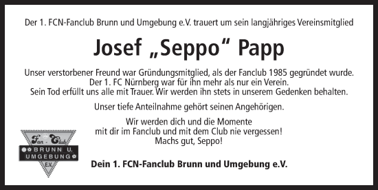 Traueranzeige von Josef Papp von Ansbach