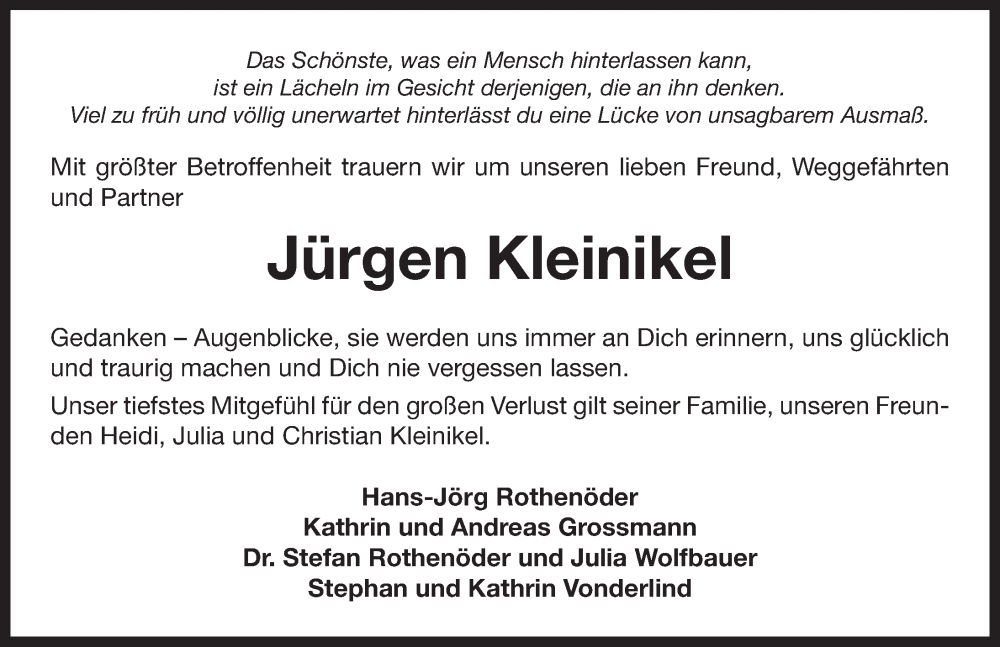  Traueranzeige für Jürgen Kleinikel vom 23.07.2022 aus Neustadt/ Scheinfeld/ Uffenheim