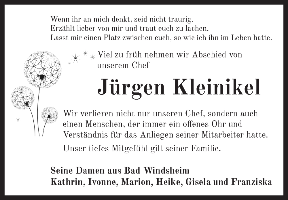  Traueranzeige für Jürgen Kleinikel vom 23.07.2022 aus Neustadt/ Scheinfeld/ Uffenheim