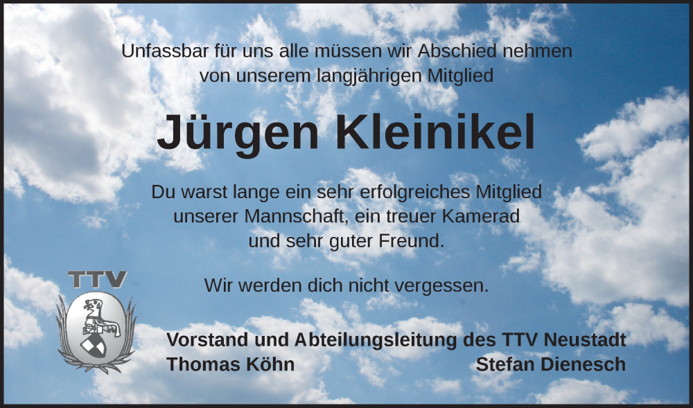  Traueranzeige für Jürgen Kleinikel vom 25.07.2022 aus Neustadt/ Scheinfeld/ Uffenheim