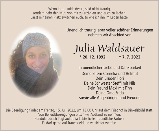 Traueranzeige von Julia Waldsauer von Dinkelsbühl/ Feuchtwangen