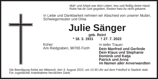 Traueranzeige von Julie Sänger von Ansbach