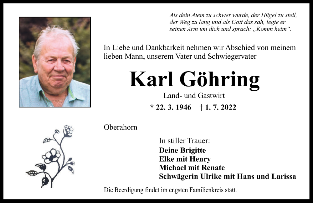  Traueranzeige für Karl Göhring vom 04.07.2022 aus Dinkelsbühl/ Feuchtwangen