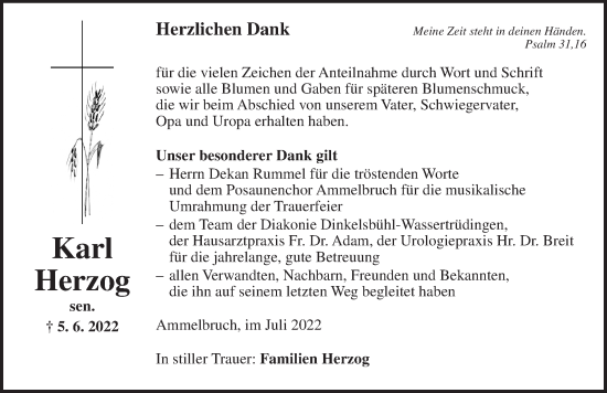 Traueranzeige von Karl Herzog von Dinkelsbühl/ Feuchtwangen