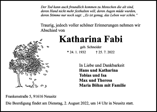 Traueranzeige von Katharina Fabi von Rothenburg