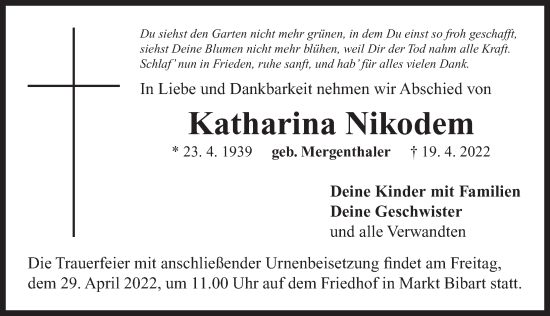 Traueranzeige von Katharina Nikodem von Neustadt/ Scheinfeld/ Uffenheim