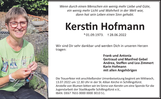 Traueranzeige von Kerstin Hofmann von Rothenburg