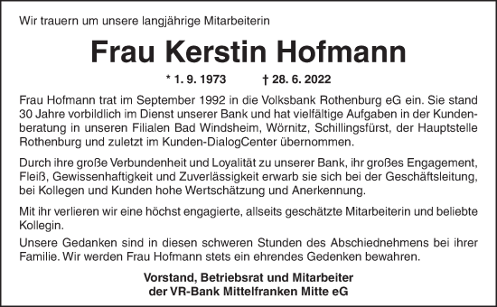 Traueranzeige von Kerstin Hofmann von Rothenburg