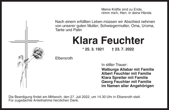 Traueranzeige von Klara Feuchter von Dinkelsbühl/ Feuchtwangen