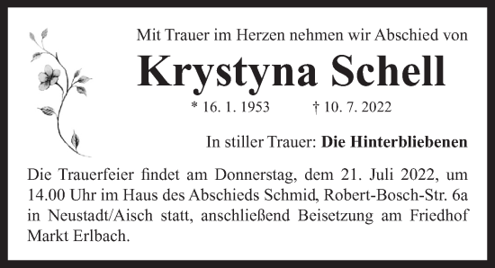 Traueranzeige von Krystyna Schell von Neustadt/ Scheinfeld/ Uffenheim