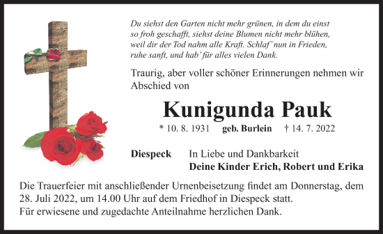 Traueranzeige von Kunigunda Pauk von Neustadt/ Scheinfeld/ Uffenheim