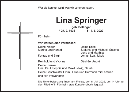 Traueranzeige von Lina Springer von Dinkelsbühl/ Feuchtwangen