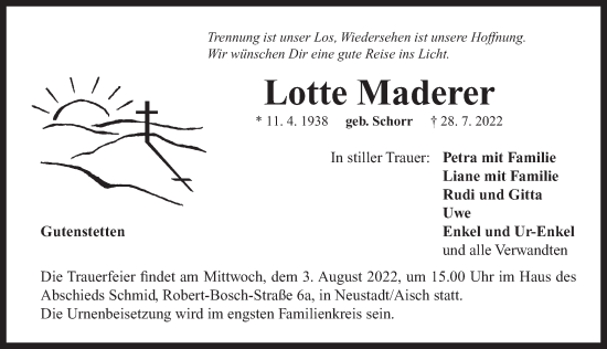 Traueranzeige von Lotte Maderer von Neustadt/ Scheinfeld/ Uffenheim