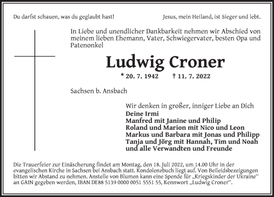 Traueranzeige von Ludwig Croner von Ansbach