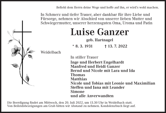 Traueranzeige von Luise Ganzer von Dinkelsbühl/ Feuchtwangen