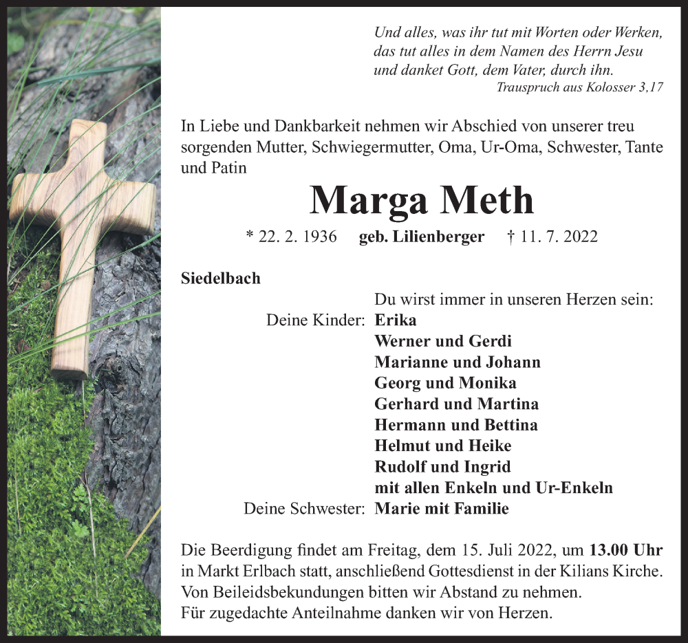  Traueranzeige für Marga Meth vom 13.07.2022 aus Neustadt/ Scheinfeld/ Uffenheim