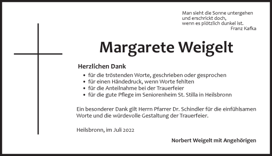 Traueranzeige von Margarete  Weigelt von Ansbach