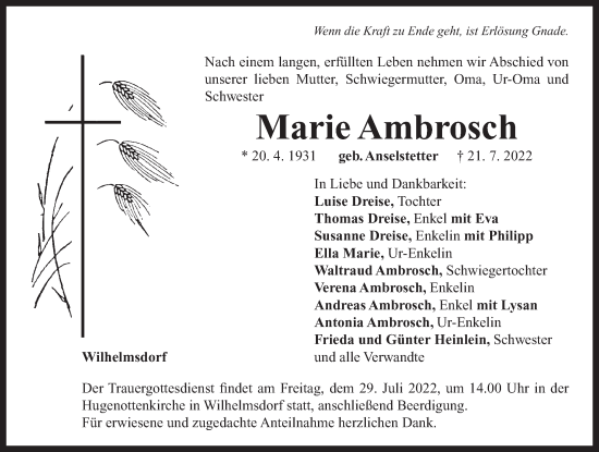 Traueranzeige von Marie Ambrosch von Neustadt/ Scheinfeld/ Uffenheim