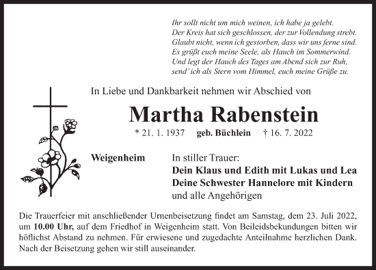 Traueranzeige von Martha Rabenstein von Neustadt/ Scheinfeld/ Uffenheim