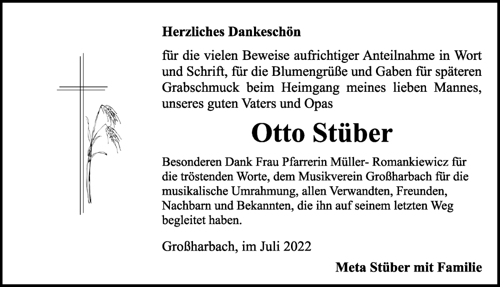  Traueranzeige für Otto Stüber vom 13.07.2022 aus Rothenburg