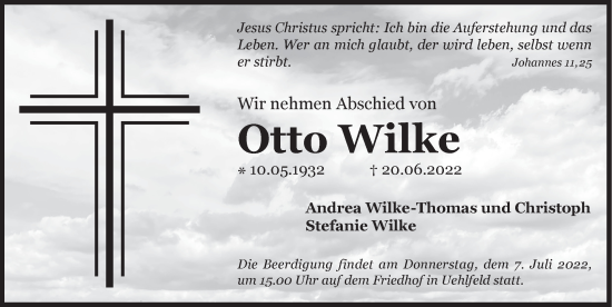 Traueranzeige von Otto Wilke von Neustadt/ Scheinfeld/ Uffenheim