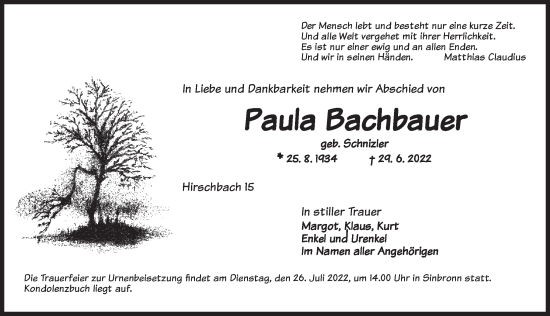 Traueranzeige von Paula Bachbauer von Dinkelsbühl/ Feuchtwangen