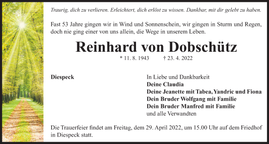 Traueranzeige von Reinhard von Dobschütz von Neustadt/ Scheinfeld/ Uffenheim