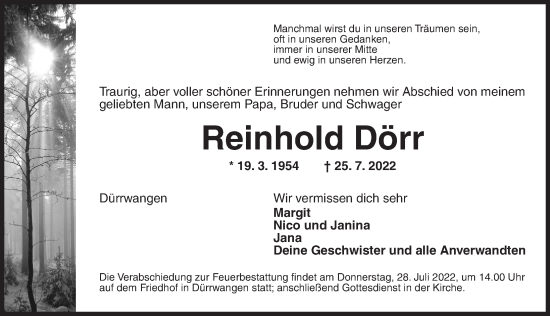 Traueranzeige von Reinhold Dörr von Dinkelsbühl/ Feuchtwangen