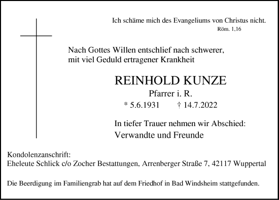 Traueranzeige von Reinhold Kunze von Neustadt/ Scheinfeld/ Uffenheim