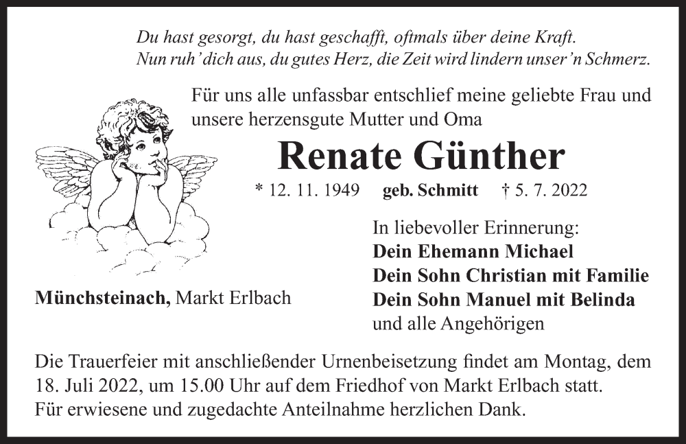  Traueranzeige für Renate Günther vom 13.07.2022 aus Neustadt/ Scheinfeld/ Uffenheim
