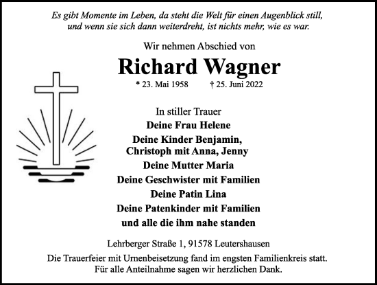 Traueranzeige von Richard Wagner von Rothenburg