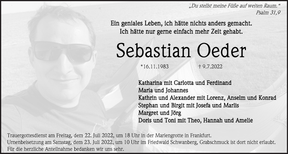  Traueranzeige für Sebastian Oeder vom 16.07.2022 aus Neustadt/ Scheinfeld/ Uffenheim