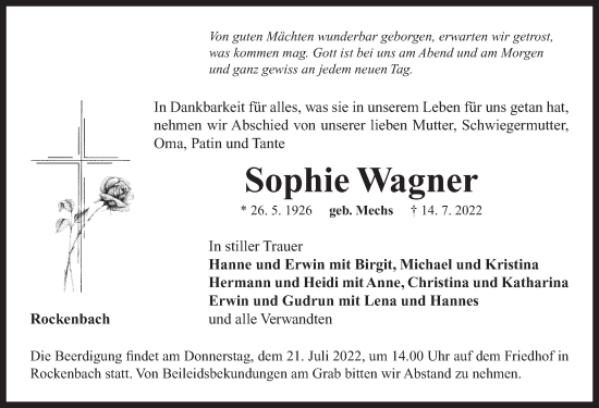 Traueranzeige von Sophie Wagner von Neustadt/ Scheinfeld/ Uffenheim
