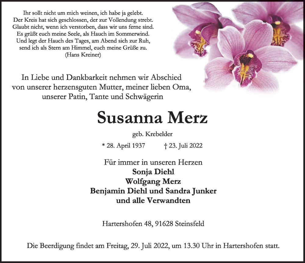  Traueranzeige für Susanna Merz vom 27.07.2022 aus Rothenburg