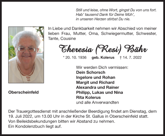 Traueranzeige von Theresia Bähr von Neustadt/ Scheinfeld/ Uffenheim