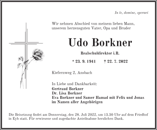 Traueranzeige von Udo Borkner von Ansbach