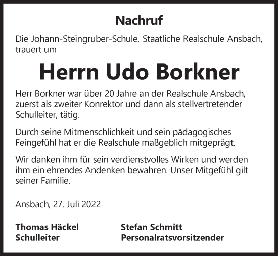 Traueranzeige von Udo Borkner von Ansbach