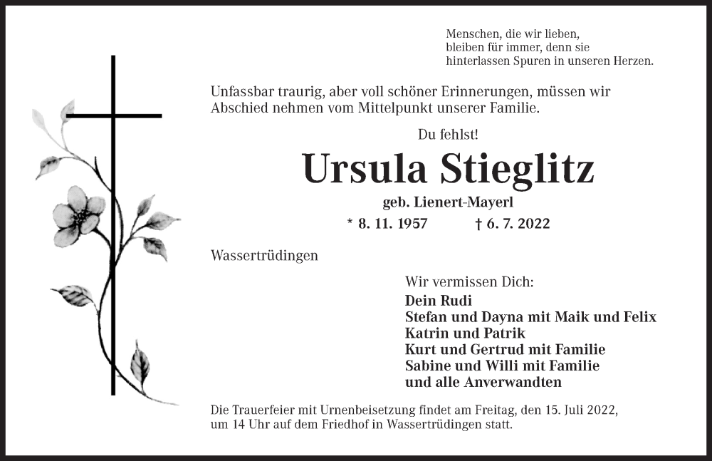  Traueranzeige für Ursula Stieglitz vom 13.07.2022 aus Dinkelsbühl/ Feuchtwangen