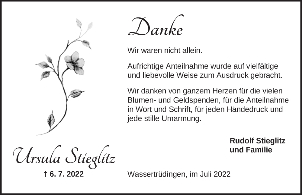  Traueranzeige für Ursula Stieglitz vom 29.07.2022 aus Dinkelsbühl/ Feuchtwangen