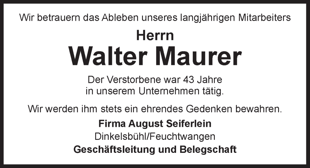  Traueranzeige für Walter Maurer vom 19.07.2022 aus Dinkelsbühl/ Feuchtwangen