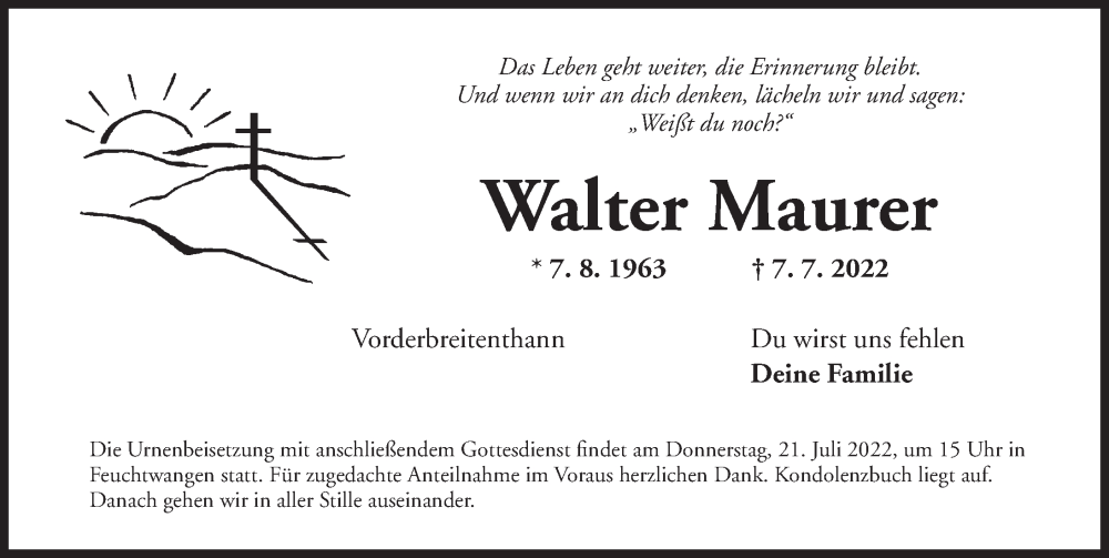  Traueranzeige für Walter Maurer vom 19.07.2022 aus Dinkelsbühl/ Feuchtwangen