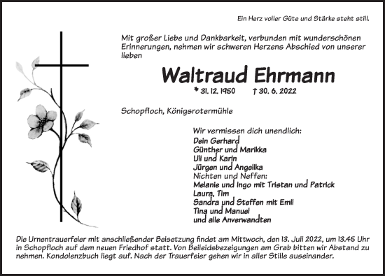 Traueranzeige von Waltraud Ehrmann von Dinkelsbühl/ Feuchtwangen