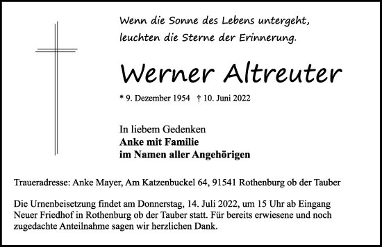 Traueranzeige von Werner Altreuter von Rothenburg