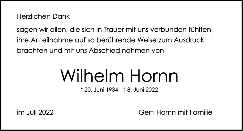  Traueranzeige für Wilhelm Hornn vom 09.07.2022 aus Rothenburg